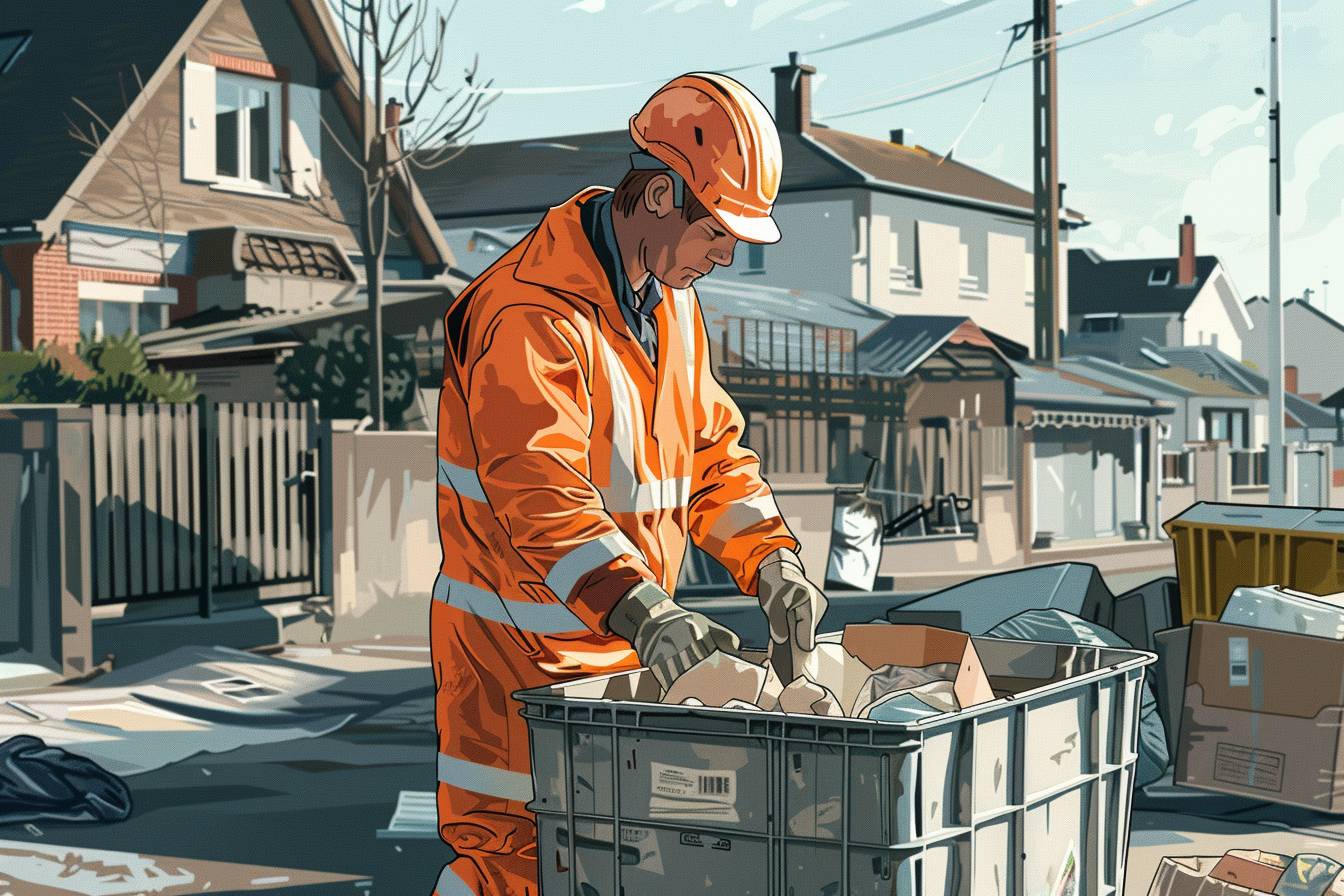 Vue panoramique illustrant le processus de collecte d'objets encombrants à Calais, avec des résidents participant activement au tri et à l'élimination responsable.